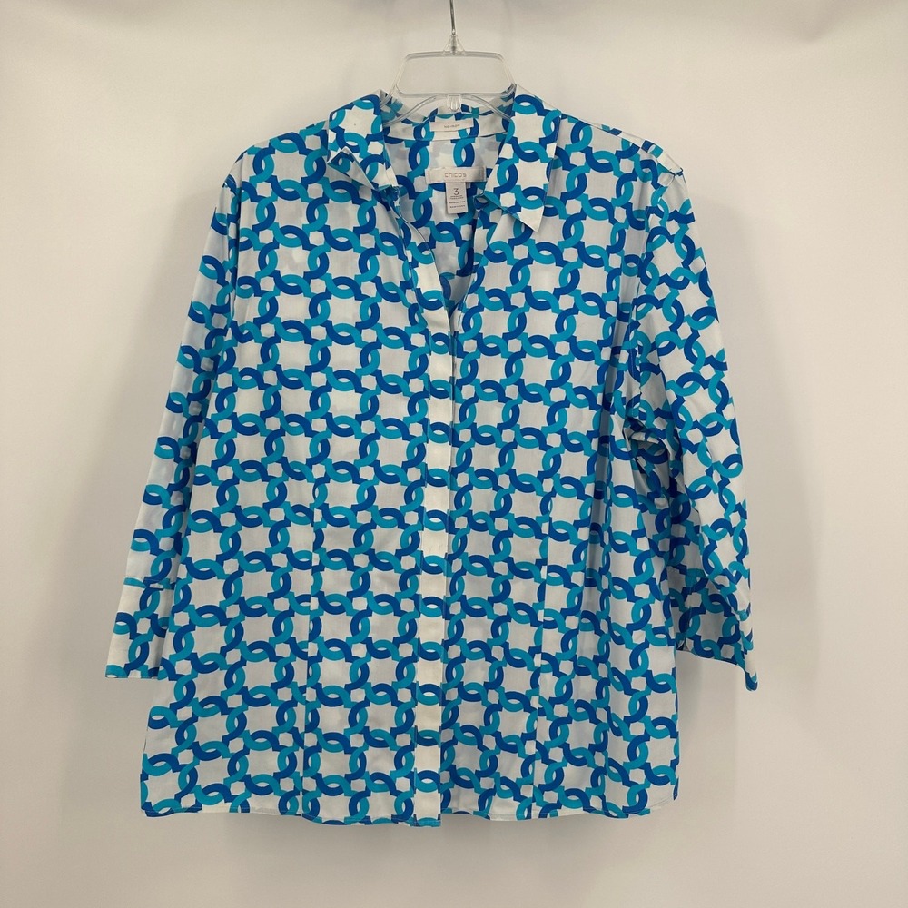 Chicos Womens  No-IronTop Size 3 US XL Geometric Office Career Bold Nautical